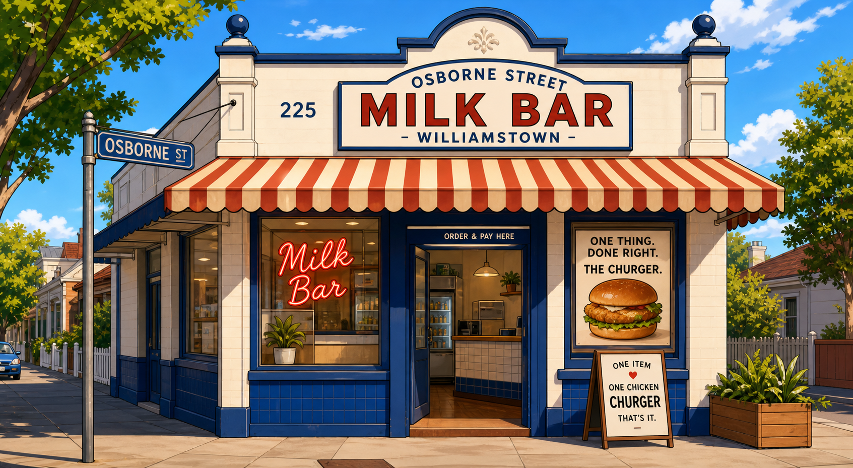 Cartoon illustration of the Osborne Street Milk Bar storefront